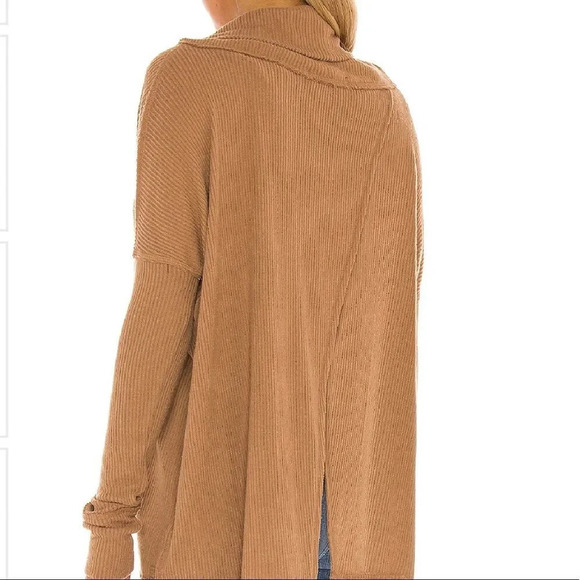Free People Brown Sweater Off the Shoulder Cowl Neck Knit Ribbed Top Shirt Tan - Picture 3 of 10